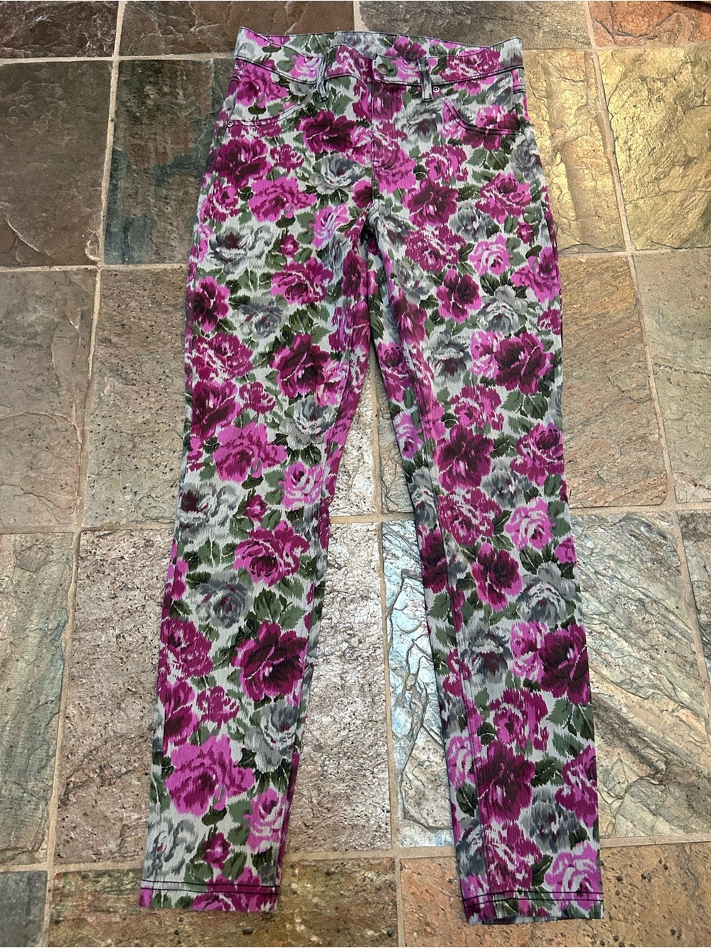 HUE Women’s Floral Stretch Leggings - Pink, Green & Gray
